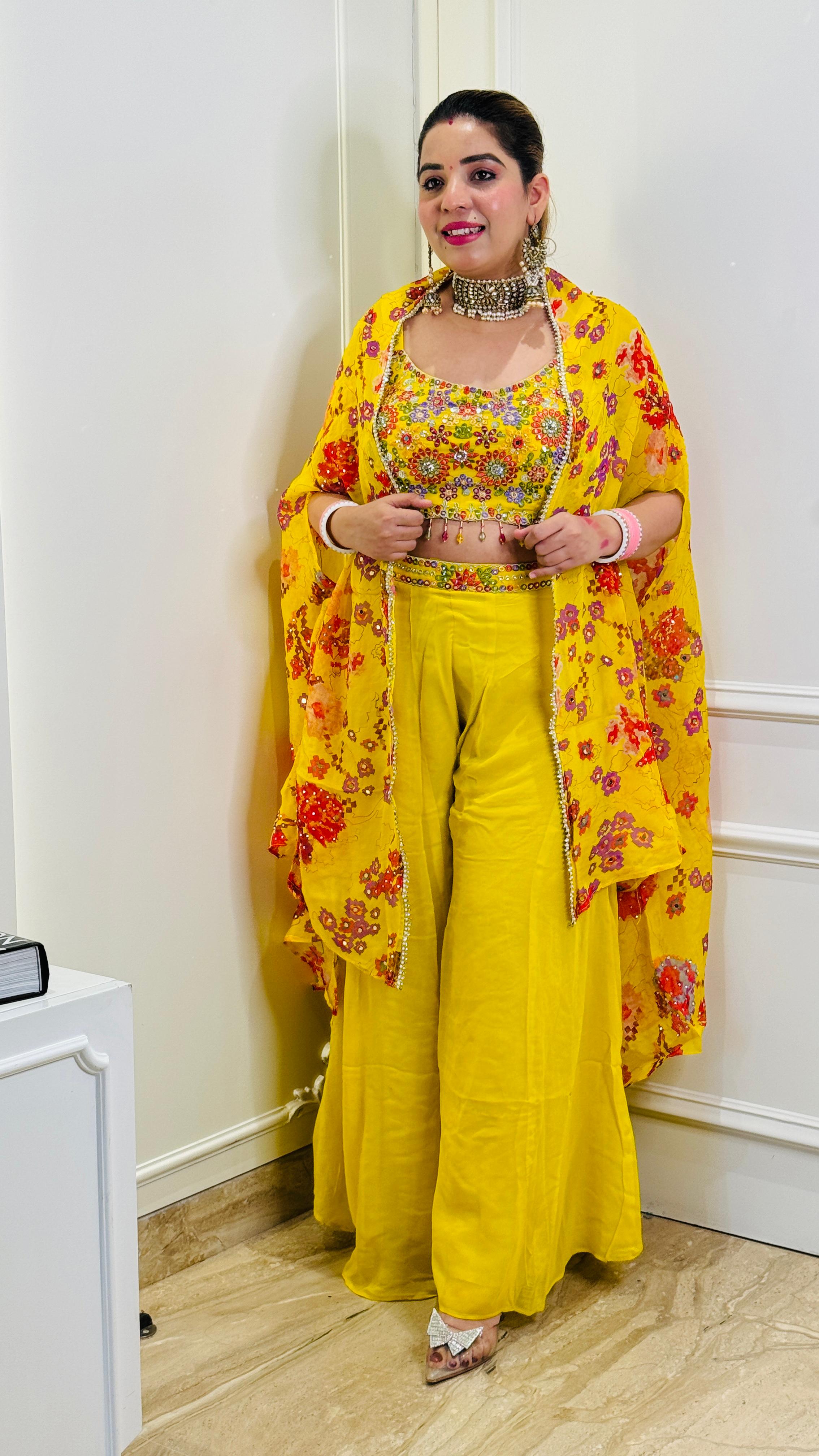 Indo-Western Premium Handwork Padded Blouse with Georgette Cape & Plazo